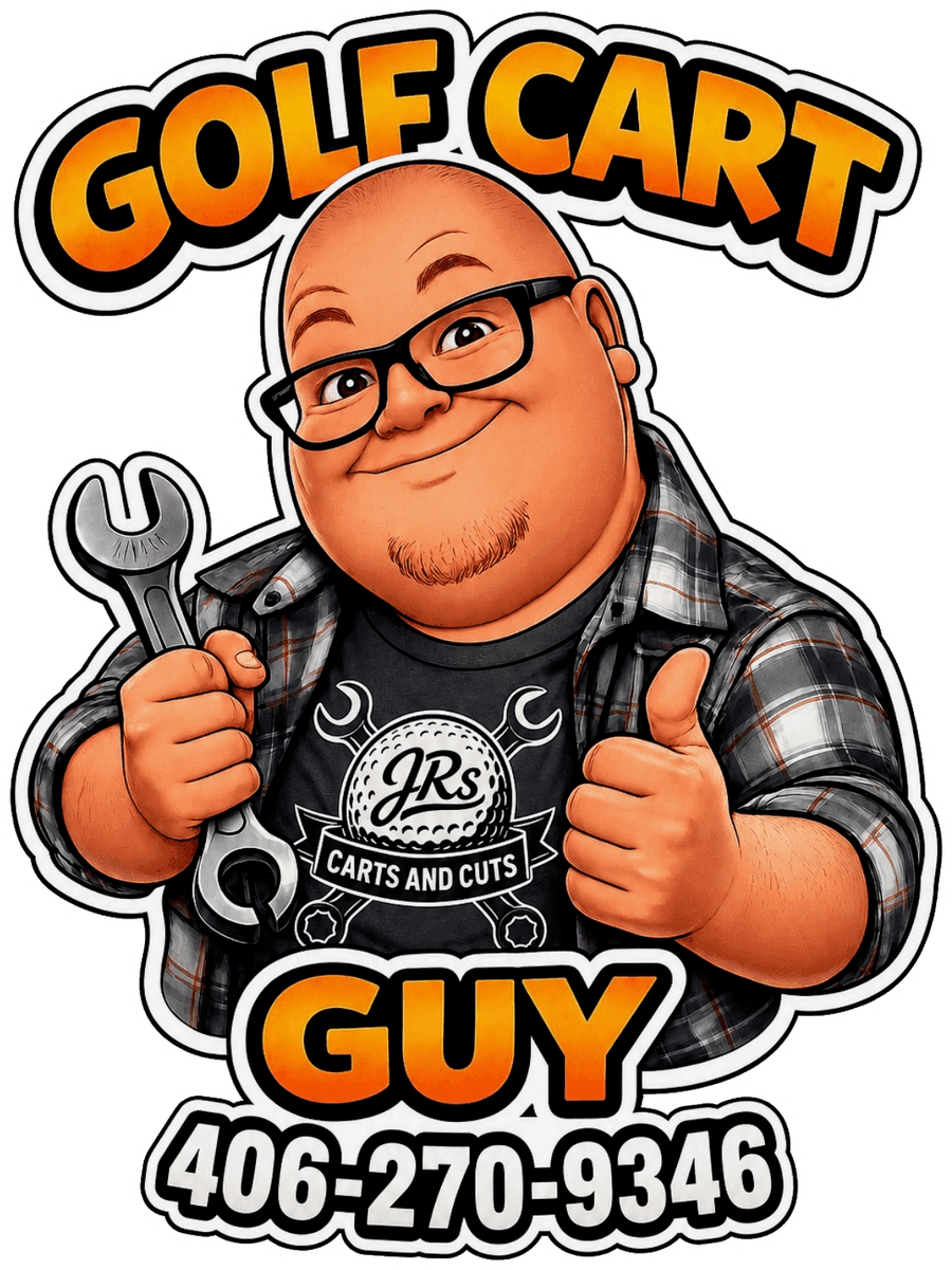 The Golf Cart Guy, JR's Carts and Cuts mascot illustration of Jared holding a wrench